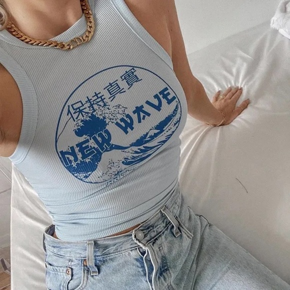 PLT Blue New Wave Printed Ribbed Ruched Crop Top - Picture 3 of 5